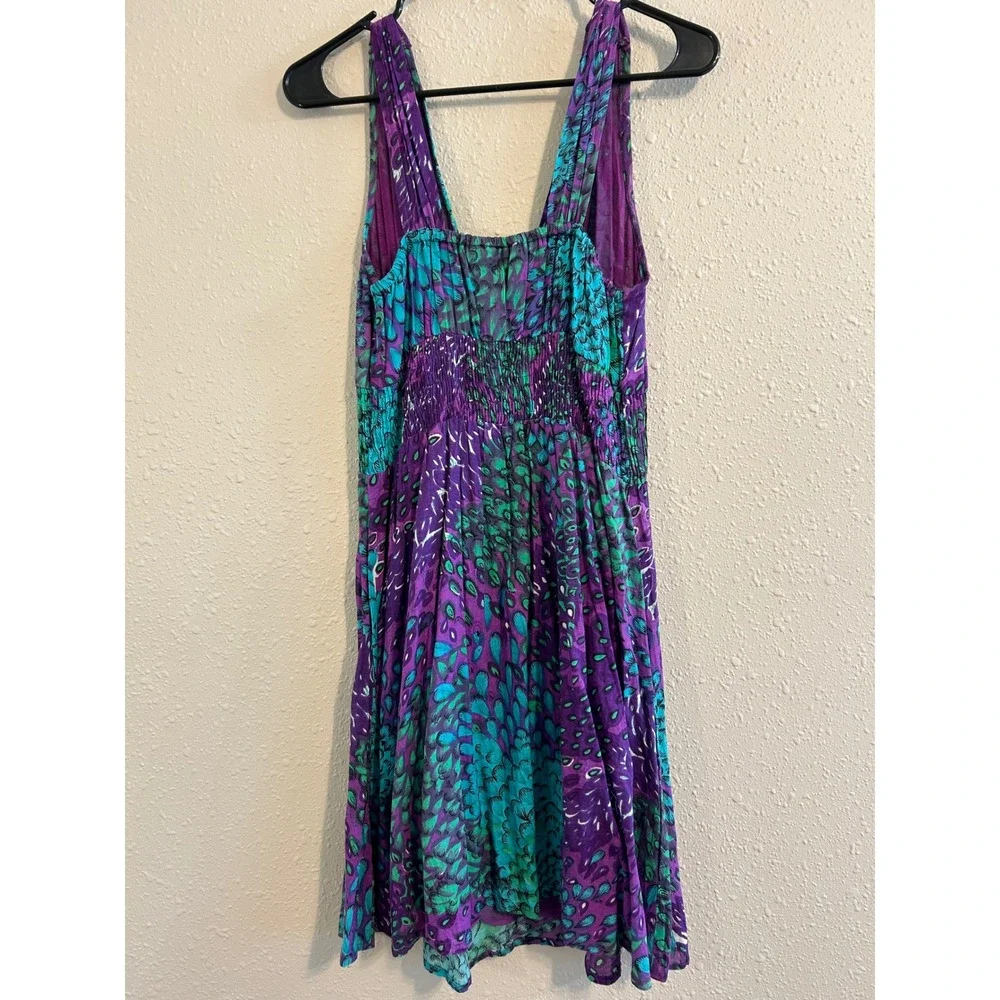 Fairycore Hippie Boho Womens Purple Teal Peacock Cotton Smocked Waist Dress S/M - Picture 2 of 7